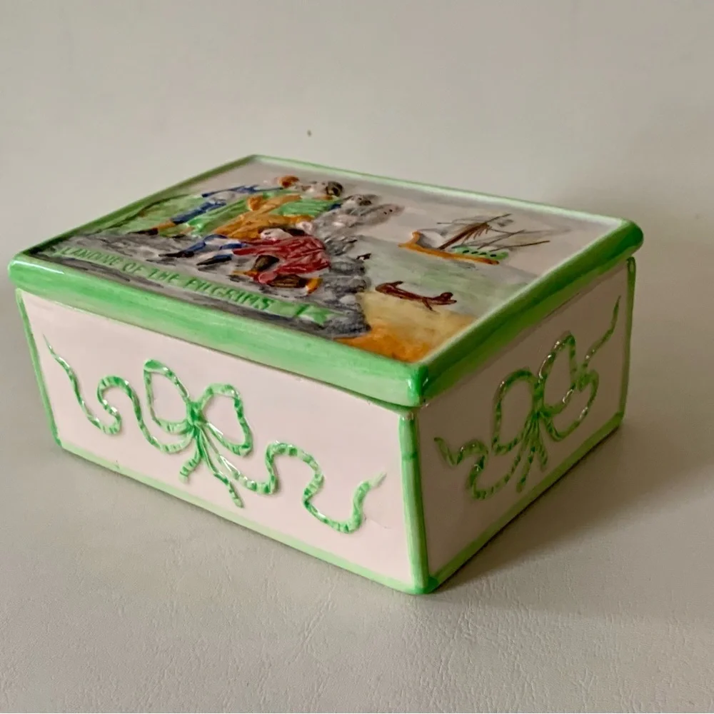 Vintage Landing Of The Piligrims Ceramic Trinket Box Italy 2.5/4/5”